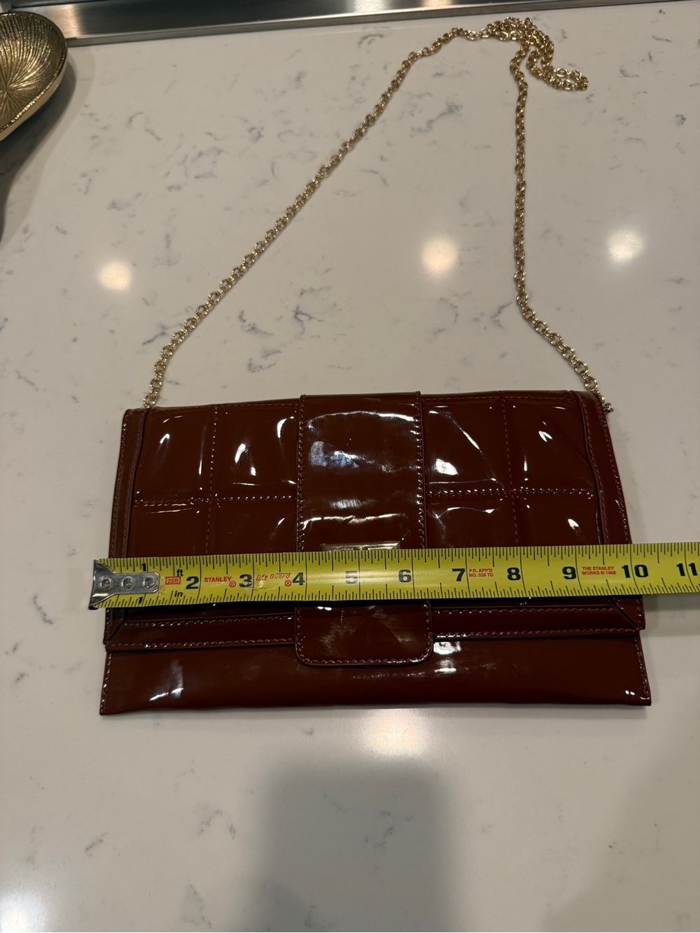 LIKE DREAMS BROWN COGNAC FAUX PATENT LEATHER CLUTCH EVENING PURSE GOLD CHAIN - Picture 11 of 13
